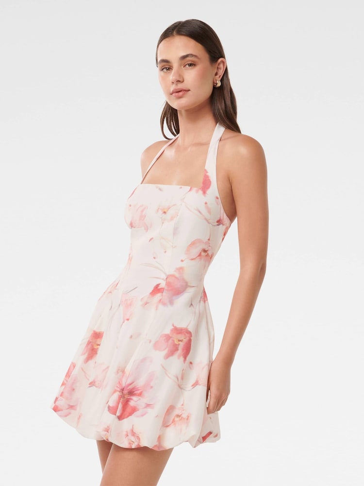 Forever New Cream Harriet Halter Neck Bubble Mini Dress with a Touch of Linen - Image 4 of 5