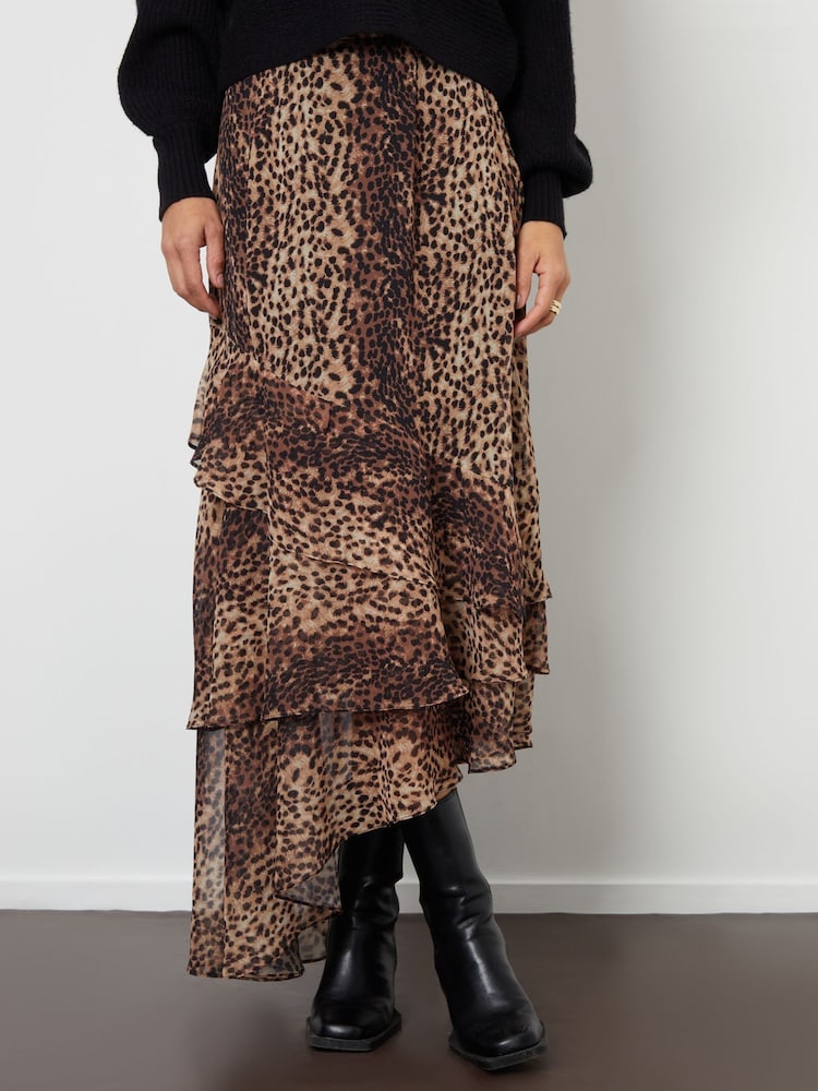 Threadbare Brown Leopard Print Chiffon Ruffled Maxi Skirt - Image 1 of 4