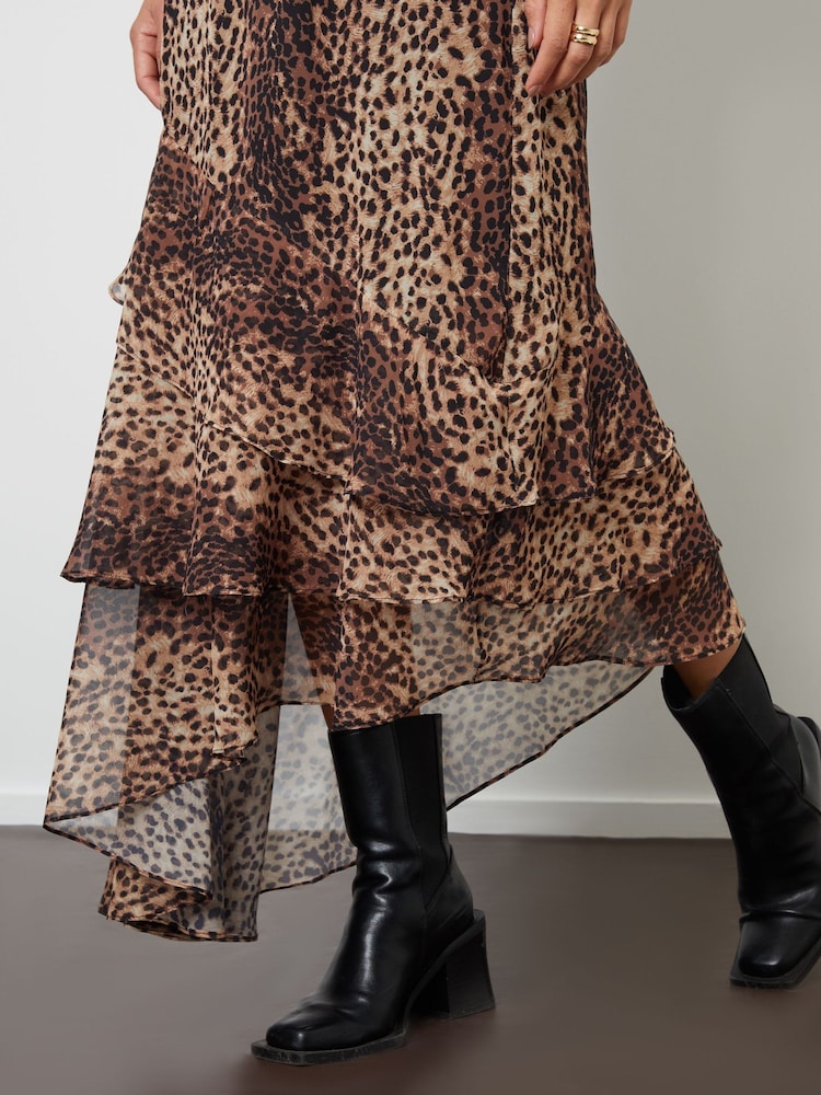 Threadbare Brown Leopard Print Chiffon Ruffled Maxi Skirt - Image 3 of 4