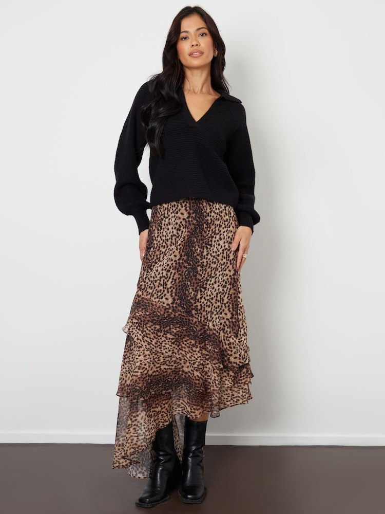 Threadbare Brown Leopard Print Chiffon Ruffled Maxi Skirt - Image 4 of 4