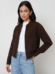Threadbare Chocolate Brown Zip-Up Cable Knit Bomber Jacket - Image 1 of 4