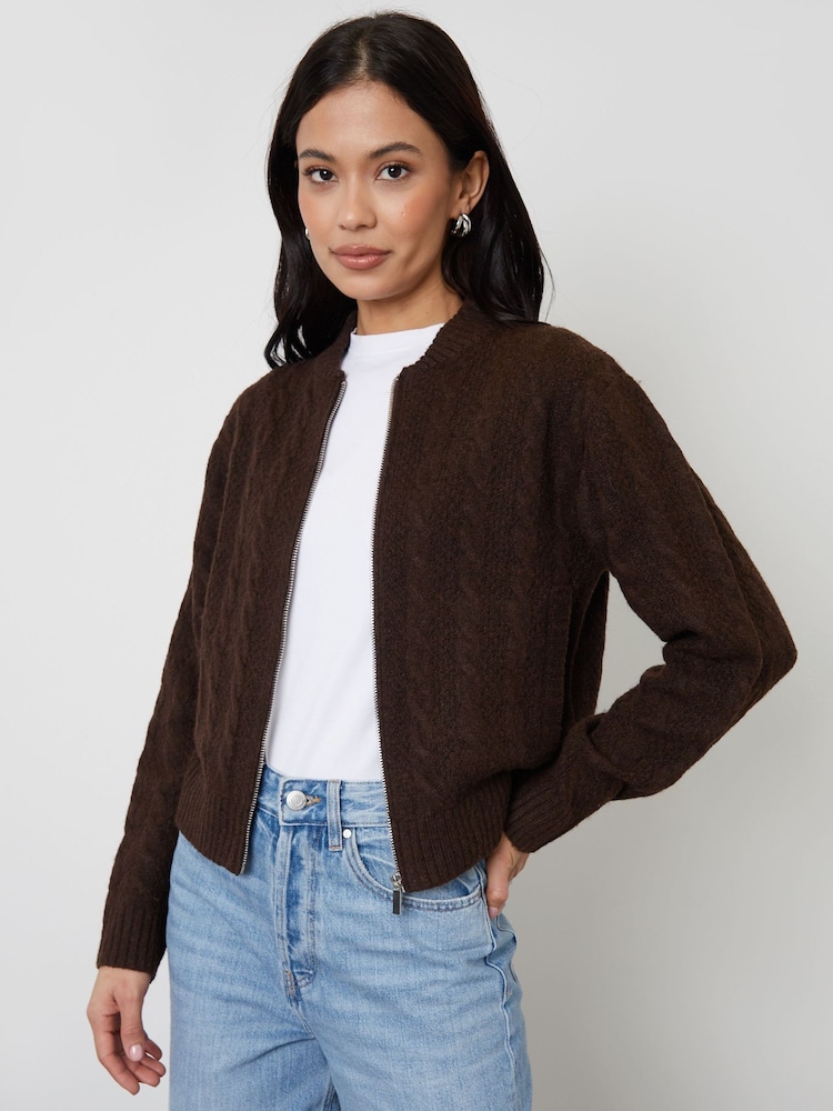 Threadbare Chocolate Brown Zip-Up Cable Knit Bomber Jacket - Image 1 of 4