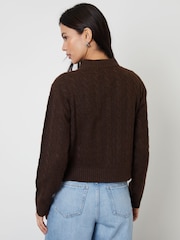 Threadbare Chocolate Brown Zip-Up Cable Knit Bomber Jacket - Image 2 of 4