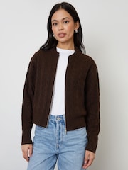 Threadbare Chocolate Brown Zip-Up Cable Knit Bomber Jacket - Image 4 of 4