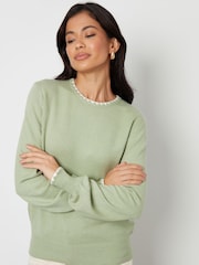Threadbare Green Contrast Edge Balloon Sleeve Knitted Jumper - Image 1 of 5