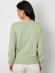 Threadbare Green Contrast Edge Balloon Sleeve Knitted Jumper - Image 2 of 5