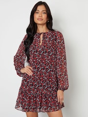 Threadbare Red Floral Tie Front Ruffle Mini Dress - Image 1 of 4