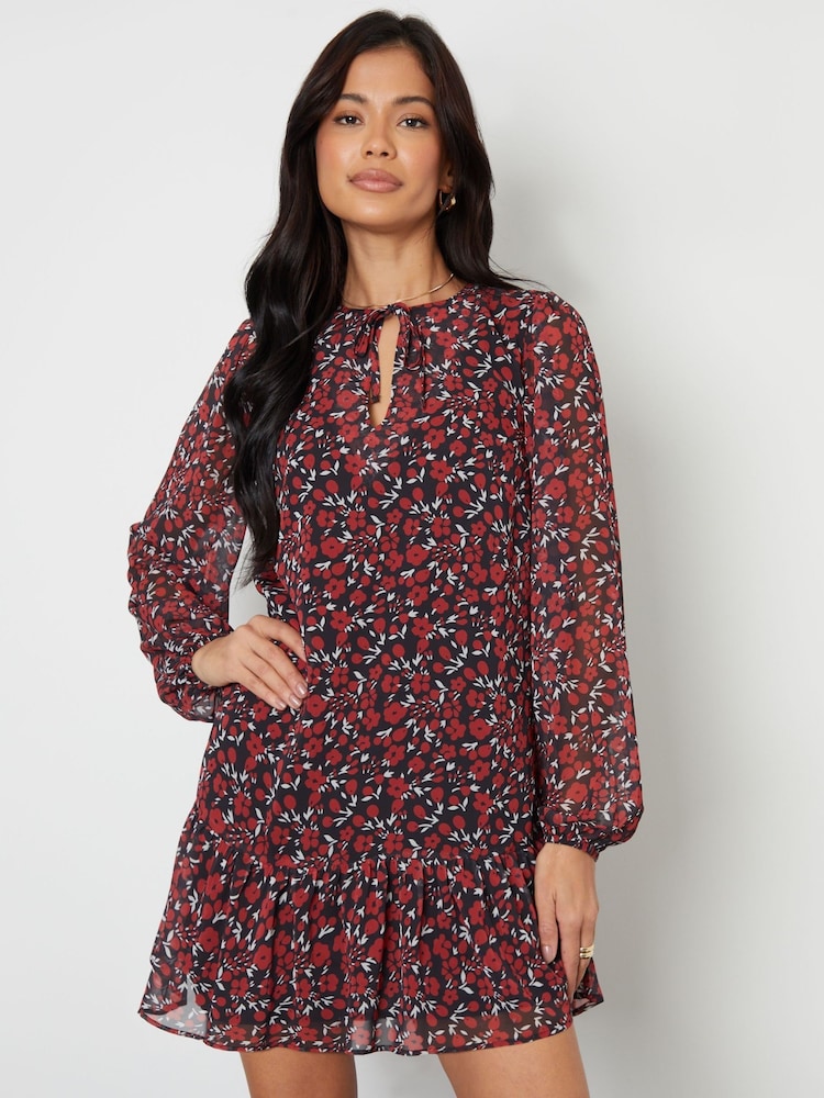 Threadbare Red Floral Tie Front Ruffle Mini Dress - Image 1 of 4