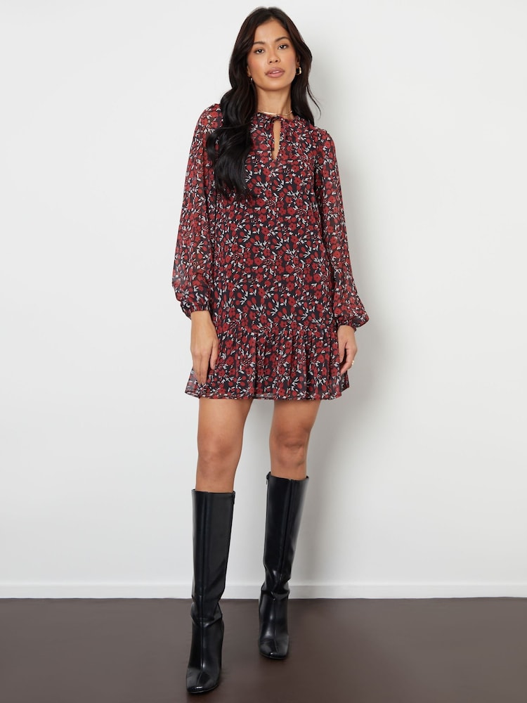 Threadbare Red Floral Tie Front Ruffle Mini Dress - Image 2 of 4
