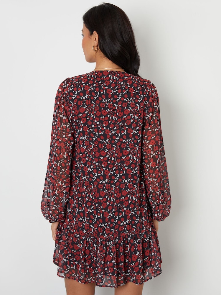 Threadbare Red Floral Tie Front Ruffle Mini Dress - Image 3 of 4