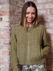Threadbare Green Zip-Up Cable Knit Bomber Jacket - Image 1 of 5