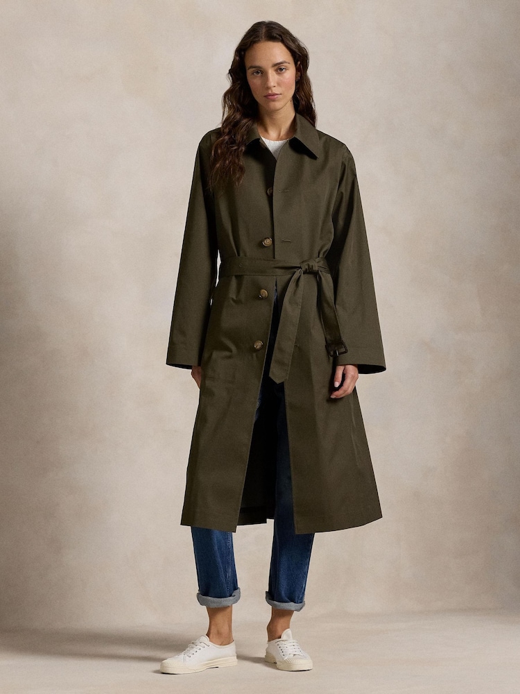 Polo Ralph Lauren Green Water Resistant Twill Long Car Coat - Image 1 of 6 Polo Ralph Lauren Green Water Resistant Twill Long Car Coat - Image 1 of 6