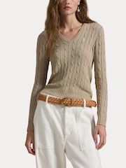 Polo Ralph Lauren Beige Cable-Knit Cotton V-Neck Sweater - Image 6 of 7