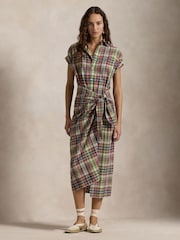 Polo Ralph Lauren Brown Plaid Cotton Faux Wrap Shirt Dress - Image 1 of 5