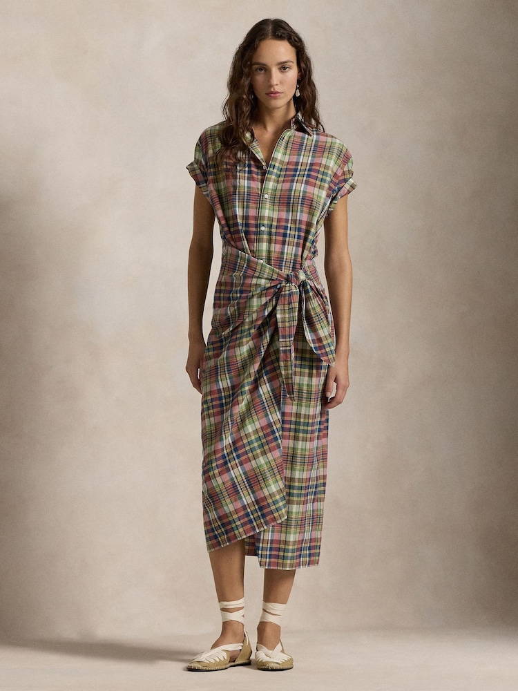 Polo Ralph Lauren Brown Plaid Cotton Faux Wrap Shirt Dress - Image 1 of 5