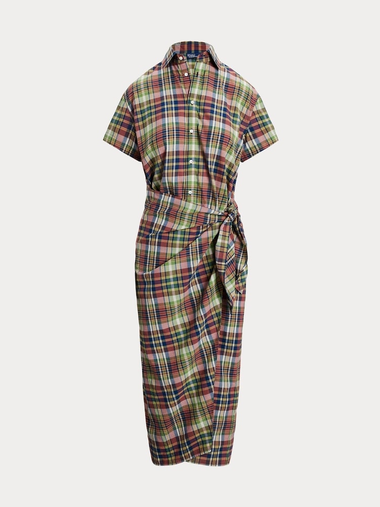 Polo Ralph Lauren Brown Plaid Cotton Faux Wrap Shirt Dress - Image 5 of 5