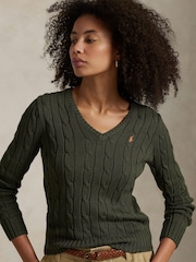 Polo Ralph Lauren Green Cable-Knit Cotton V-Neck Sweater - Image 4 of 5