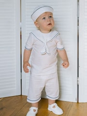 Emile Et Rose Linen Style Sailor Collar & Trim 100% Cotton 2Pc Shorts & Hat Set - Image 1 of 6