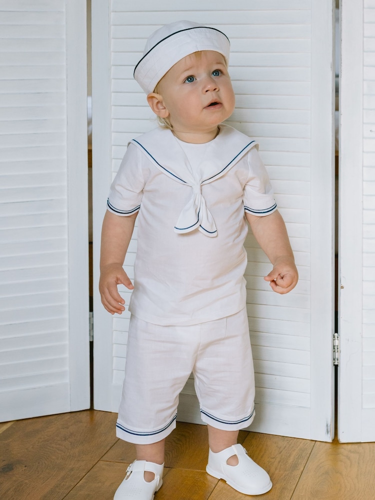 Emile Et Rose Linen Style Sailor Collar & Trim 100% Cotton 2Pc Shorts & Hat Set - Image 1 of 6