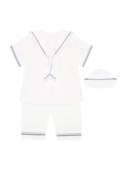 Emile Et Rose Linen Style Sailor Collar & Trim 100% Cotton 2Pc Shorts & Hat Set - Image 2 of 6
