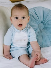 Emile Et Rose Blue 100% Cotton 2pc Top With Pleated Bear Emb Panel & Shorts Set - Image 1 of 5
