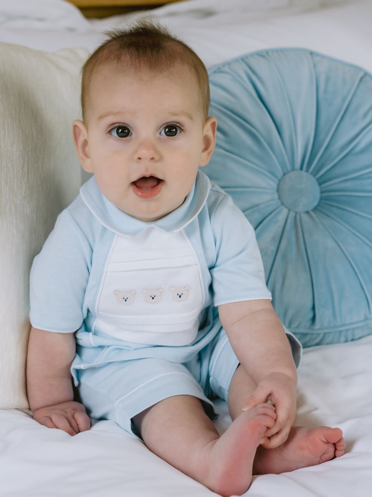 Emile Et Rose Blue 100% Cotton 2pc Top With Pleated Bear Emb Panel & Shorts Set - Image 1 of 5