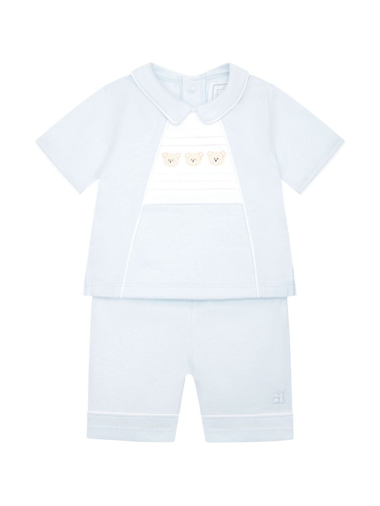 Emile Et Rose Blue 100% Cotton 2pc Top With Pleated Bear Emb Panel & Shorts Set - Image 2 of 5