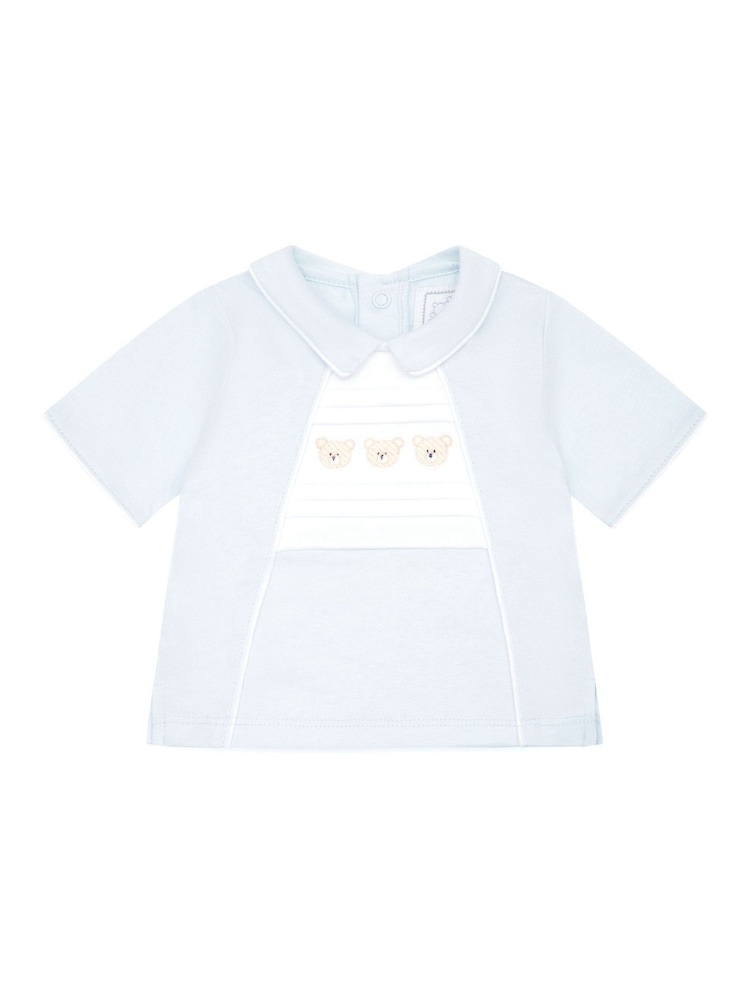 Emile Et Rose Blue 100% Cotton 2pc Top With Pleated Bear Emb Panel & Shorts Set - Image 3 of 5