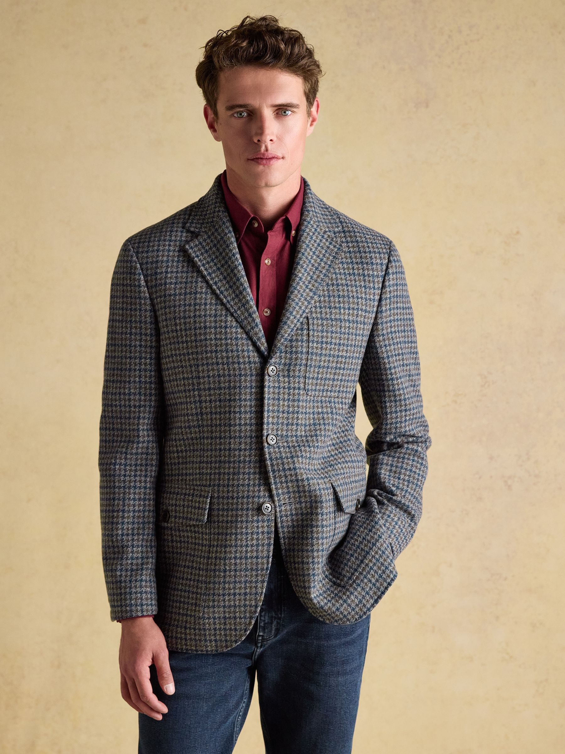 Joules Men's Grey Heritage Puppytooth Wool Blend Blazer Size 44 R