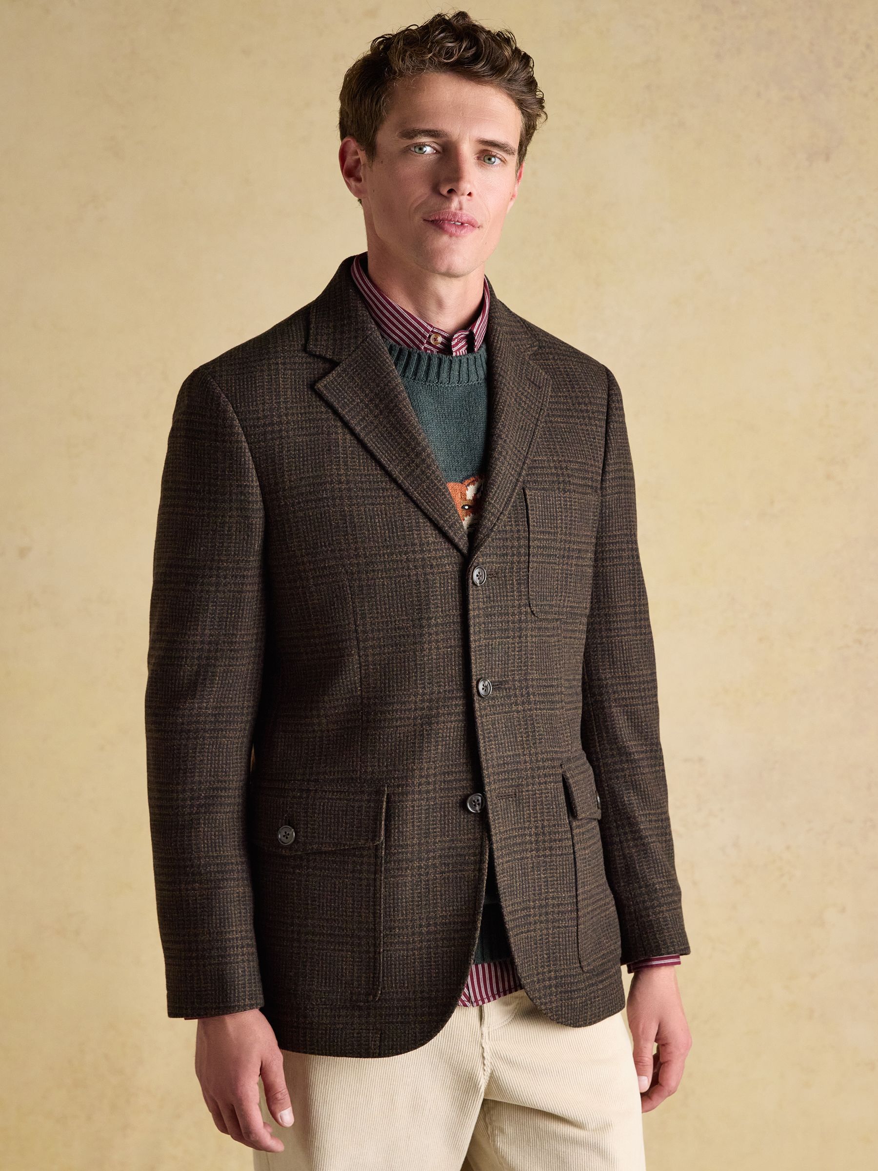 Joules Men's Brown Wool Blend Check Blazer Size 44 R
