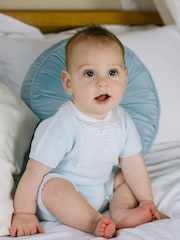 Emile Et Rose Blue Knitted 100% Cotton Ridge Yoke Panel & Collar Romper - Image 1 of 4