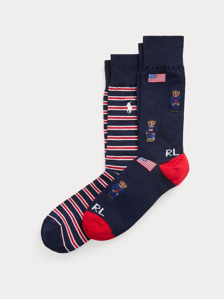 Polo Ralph Lauren 100% Cotton Stripe Polo Bear Flag Crew Socks 2 Pack - Imagen 1 de 1