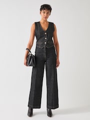 LK Bennett Black Ami Cotton Blend Denim Tailored Wide Trousers - Image 1 of 3