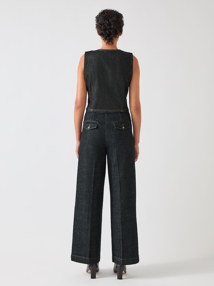 LK Bennett Black Ami Cotton Blend Denim Tailored Wide Trousers - Image 2 of 3