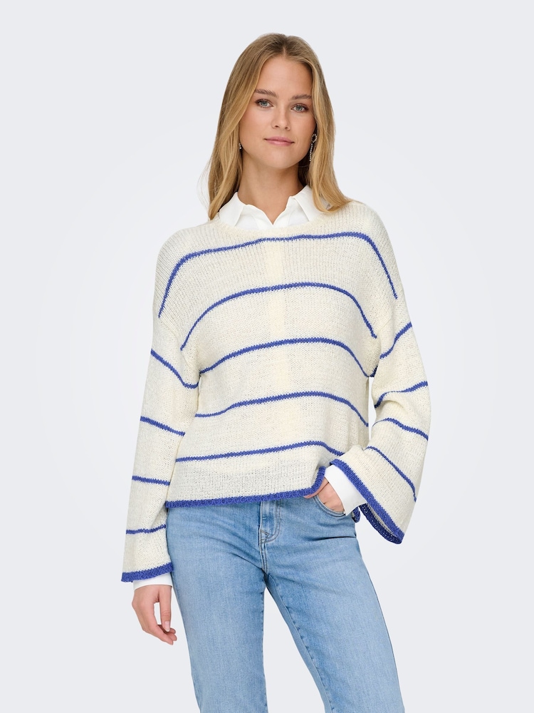 ONLY White Loose Round Neck Stripe Jumper - Image 1 of 7