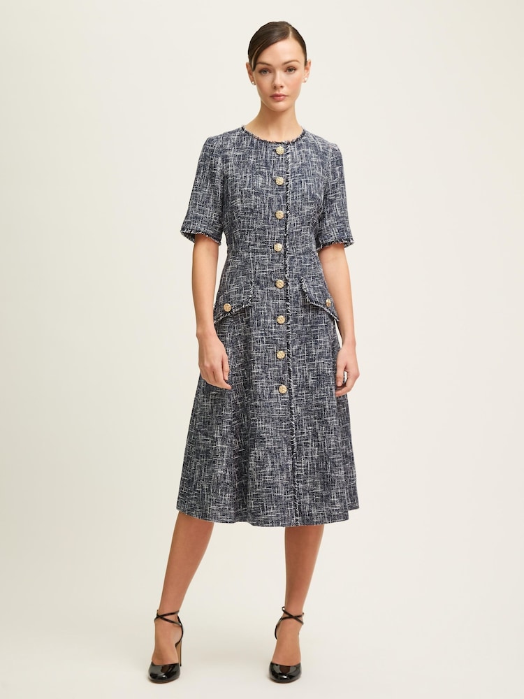 LK Bennett Grey Suzie Cotton Blend Tweed Button Through Dress - Image 1 of 4 LK Bennett Grey Suzie Cotton Blend Tweed Button Through Dress - Image 1 of 4