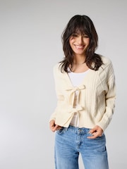 ONLY Natural Cosy Tie Front Cable Knitted Cardigan - Image 1 of 7