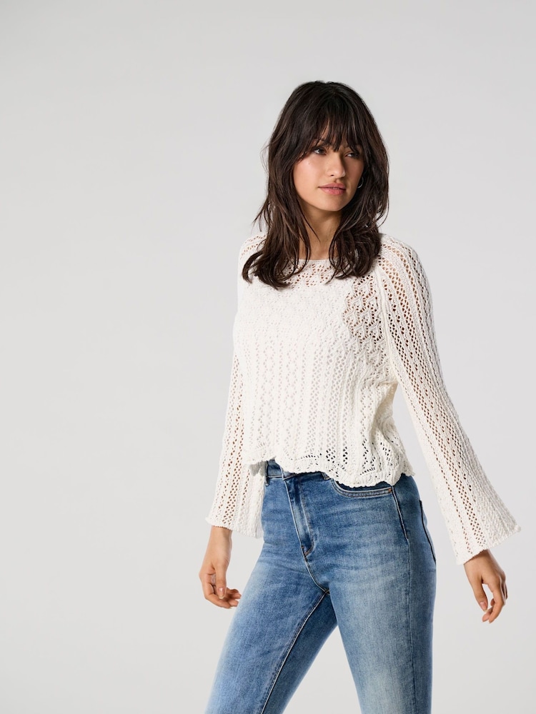 ONLY Cream 3/4 Sleeve Crochet Jumper - Image 1 of 7