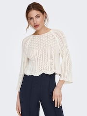 ONLY Cream 3/4 Sleeve Crochet Jumper - Image 4 of 7