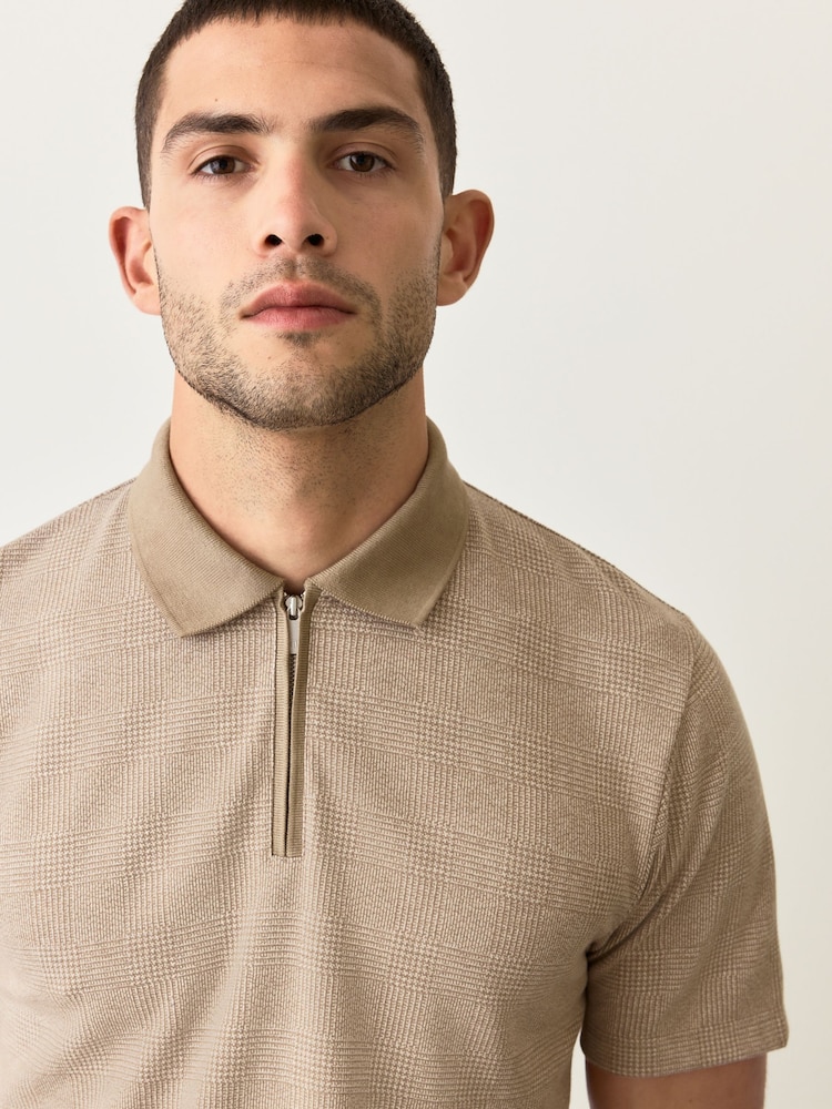 Neutral Brown Heritage Brushed Pattern Polo Shirt - Image 1 of 5