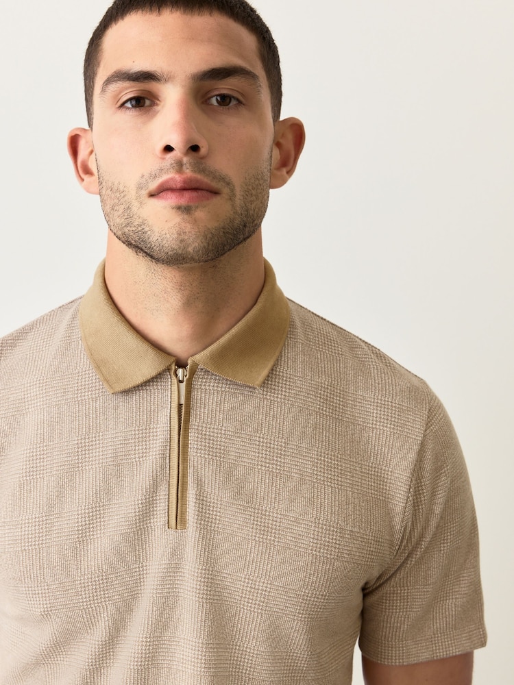 Neutral Brown Heritage Brushed Pattern Polo Shirt - Image 1 of 5 Neutral Brown Heritage Brushed Pattern Polo Shirt - Image 1 of 5