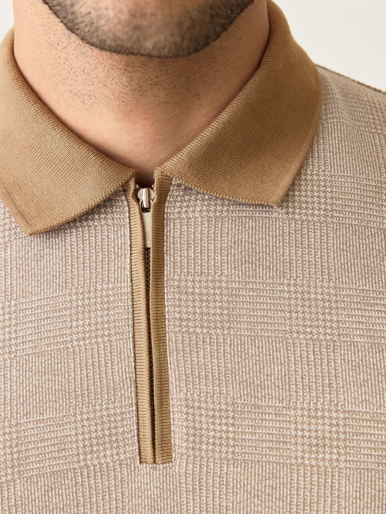 Neutral Brown Heritage Brushed Pattern Polo Shirt - Image 5 of 5 Neutral Brown Heritage Brushed Pattern Polo Shirt - Image 5 of 5