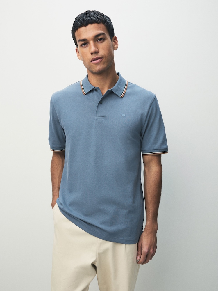 Blue Regular Fit Short Sleeve Tipped Polo Shirt - Image 1 of 7 Blue Regular Fit Short Sleeve Tipped Polo Shirt - Image 1 of 7