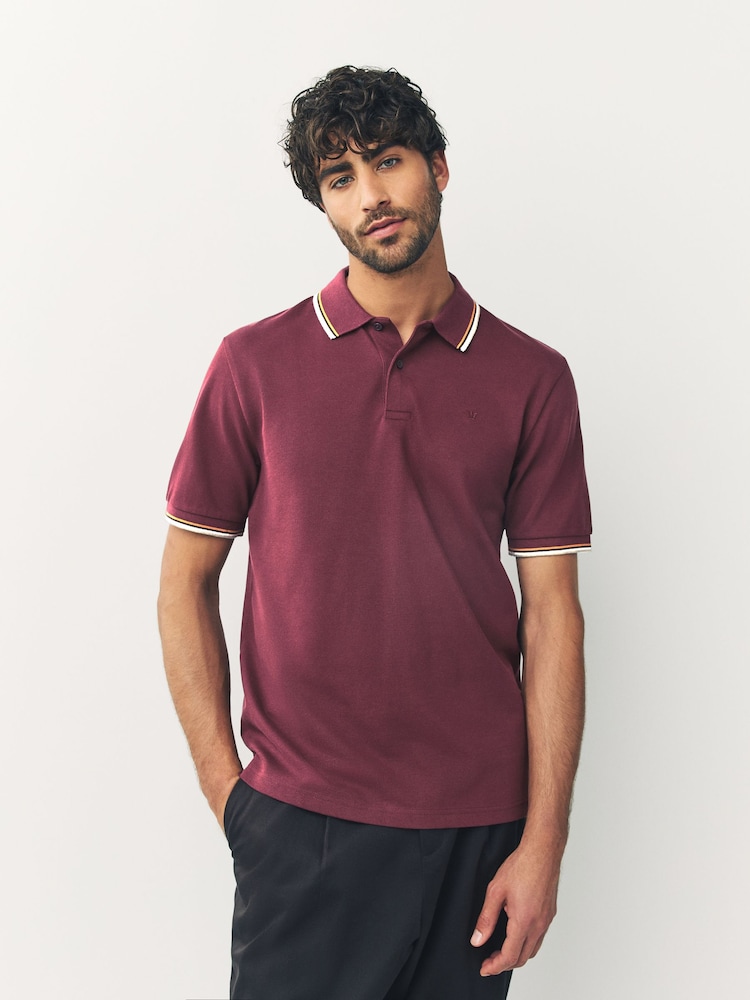 Burgundy Red Regular Fit Short Sleeve Tipped Polo Shirt - Image 1 of 3 Burgundy Red Regular Fit Short Sleeve Tipped Polo Shirt - Image 1 of 3