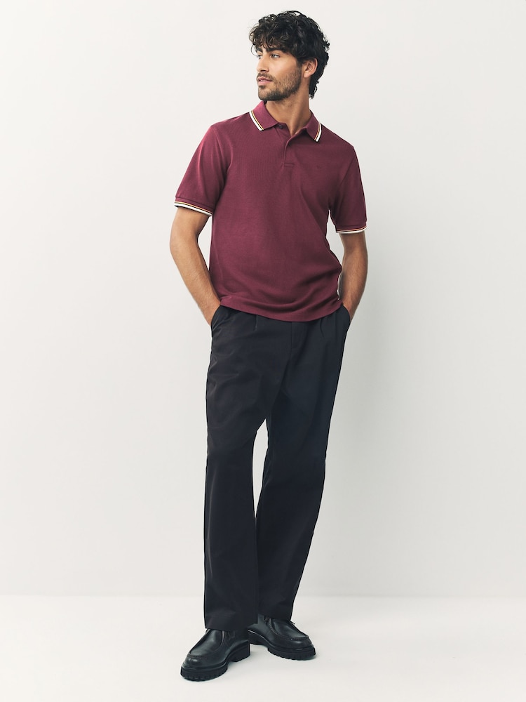 Burgundy Red Regular Fit Short Sleeve Tipped Polo Shirt - Image 2 of 3 Burgundy Red Regular Fit Short Sleeve Tipped Polo Shirt - Image 2 of 3