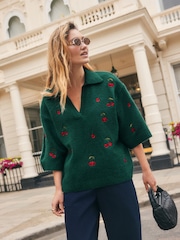 Green Cherry Embroidery Open Collar Polo Half Sleeve Jumper With Wool - Image 2 of 9