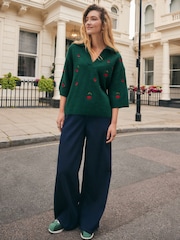 Green Cherry Embroidery Open Collar Polo Half Sleeve Jumper With Wool - Image 3 of 9