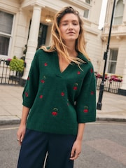 Green Cherry Embroidery Open Collar Polo Half Sleeve Jumper With Wool - Image 4 of 9