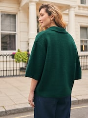 Green Cherry Embroidery Open Collar Polo Half Sleeve Jumper With Wool - Image 5 of 9