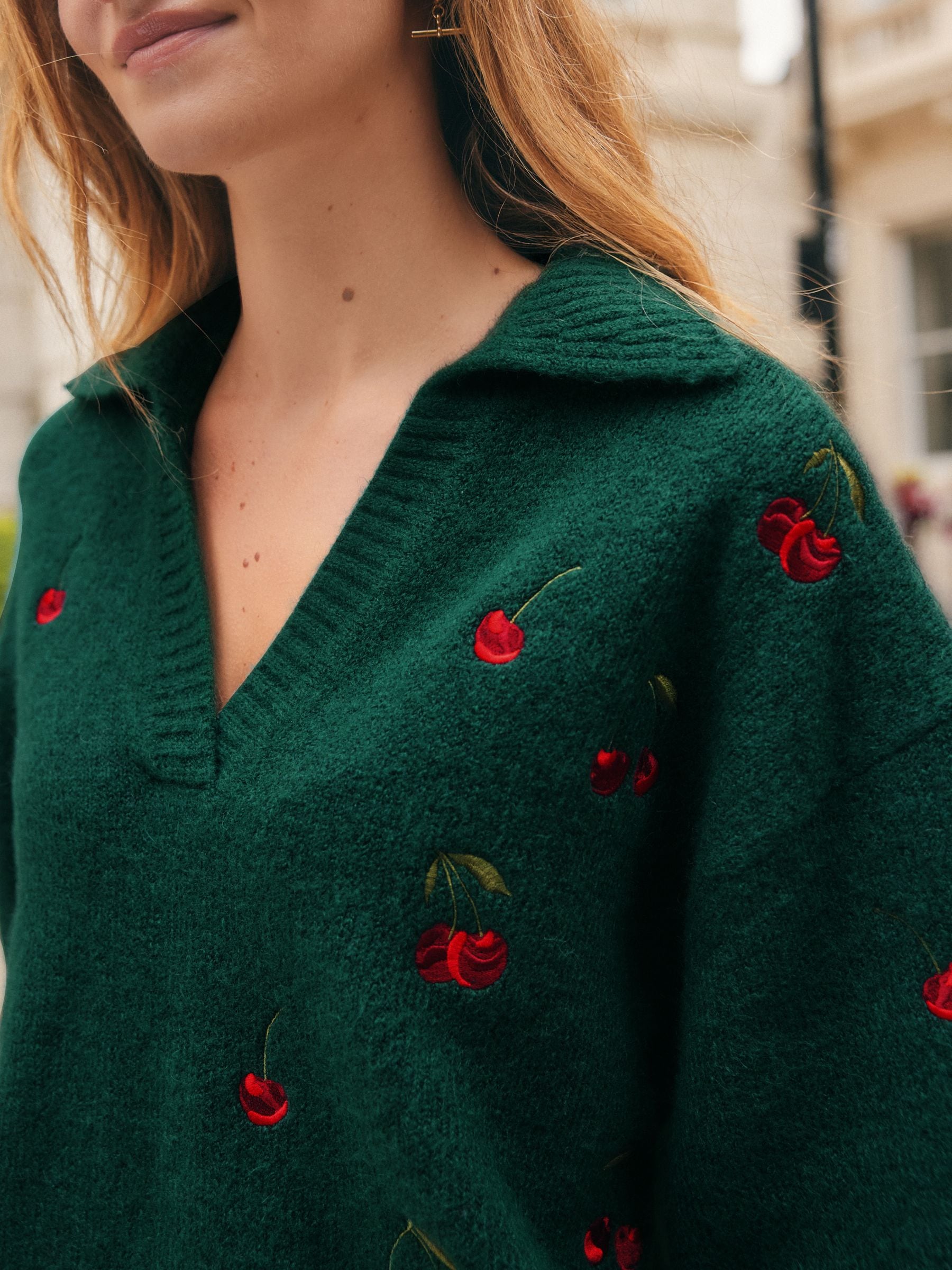 Buy Green Cherry Open Collar Polo Half Sleeve Jumper With Wool